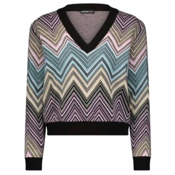 MINNIE ROSE Women's Chevron Cropped V Neck Pullover In Multi combo NEW